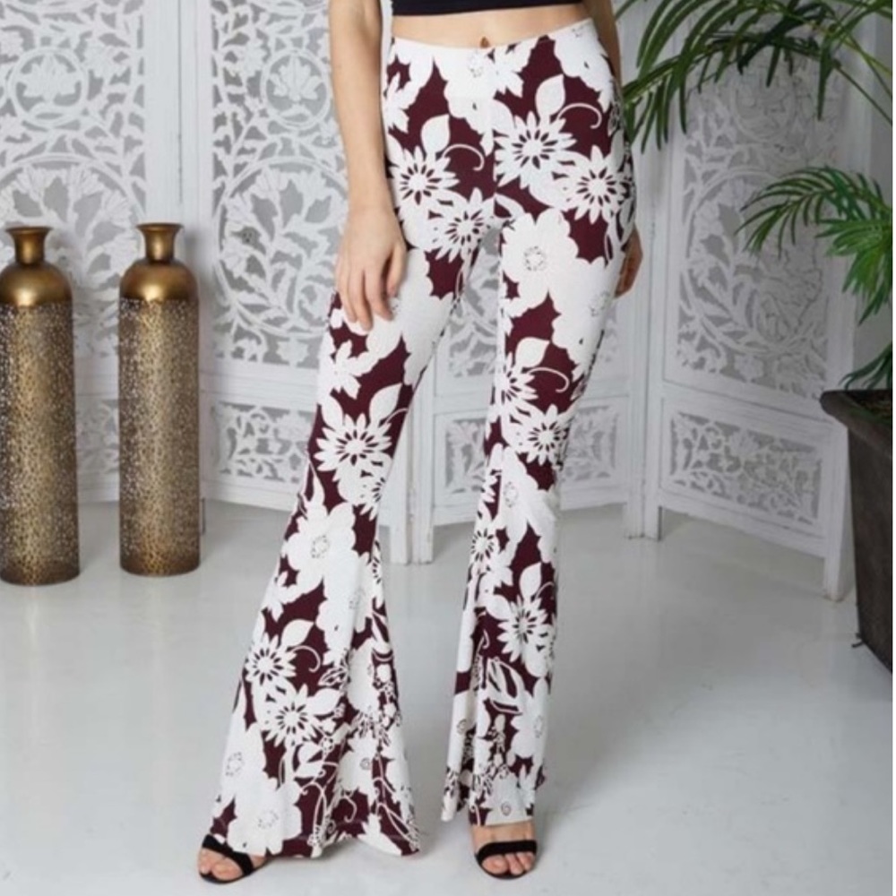 Show Me Your MuMu White and Burgundy Floral Boot Cut Pants